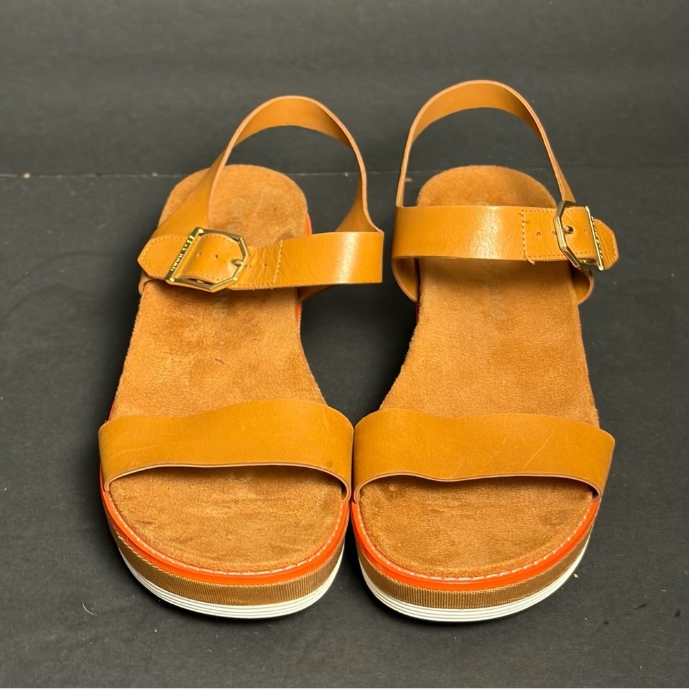 COLE HAAN Women's 8 OriginalGrand Flatform Leather Buckle Wedge Sandals Cognac - Picture 2 of 11